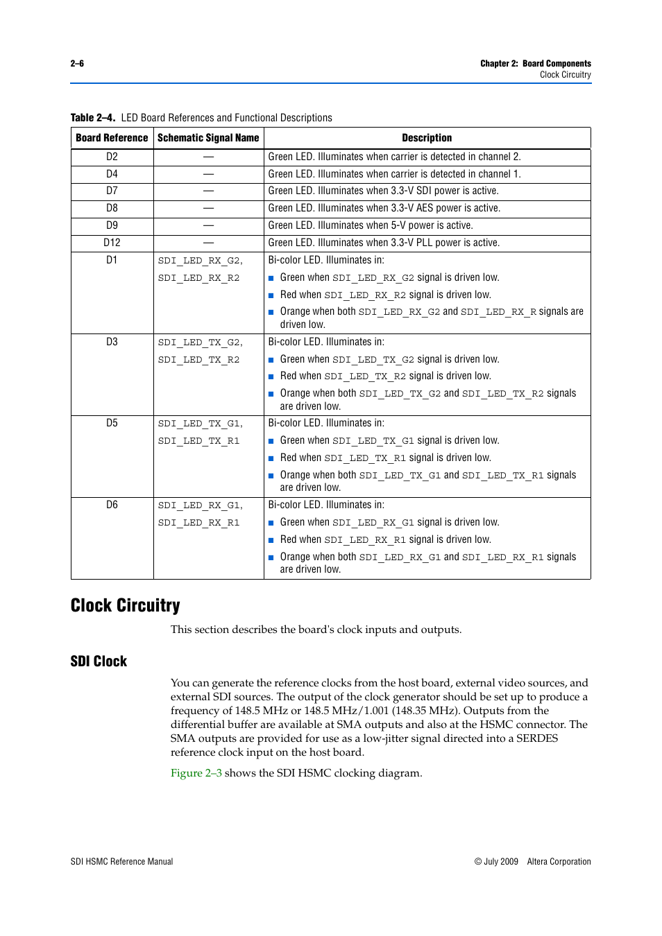 Clock circuitry, Sdi clock, Clock circuitry –6 | Sdi clock –6, Table 2–4 | Altera SDI HSMC User Manual | Page 14 / 36