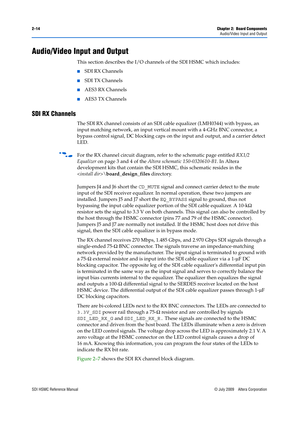 Audio/video input and output, Sdi rx channels, Audio/video input and output –14 | Sdi rx channels –14 | Altera SDI HSMC User Manual | Page 22 / 36