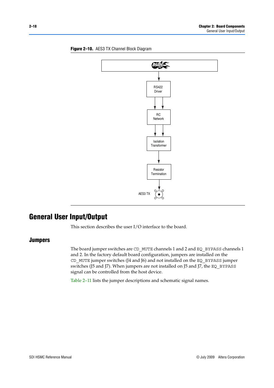 General user input/output, Jumpers, General user input/output –18 | Jumpers –18, Figure 2–10 | Altera SDI HSMC User Manual | Page 26 / 36