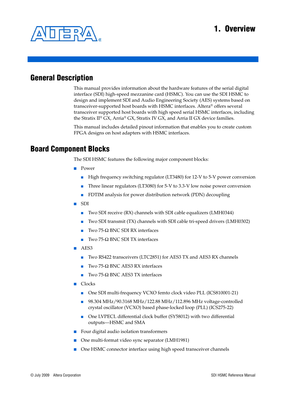 Overview, General description, Board component blocks | Chapter 1. overview, General description –1 board component blocks –1 | Altera SDI HSMC User Manual | Page 5 / 36