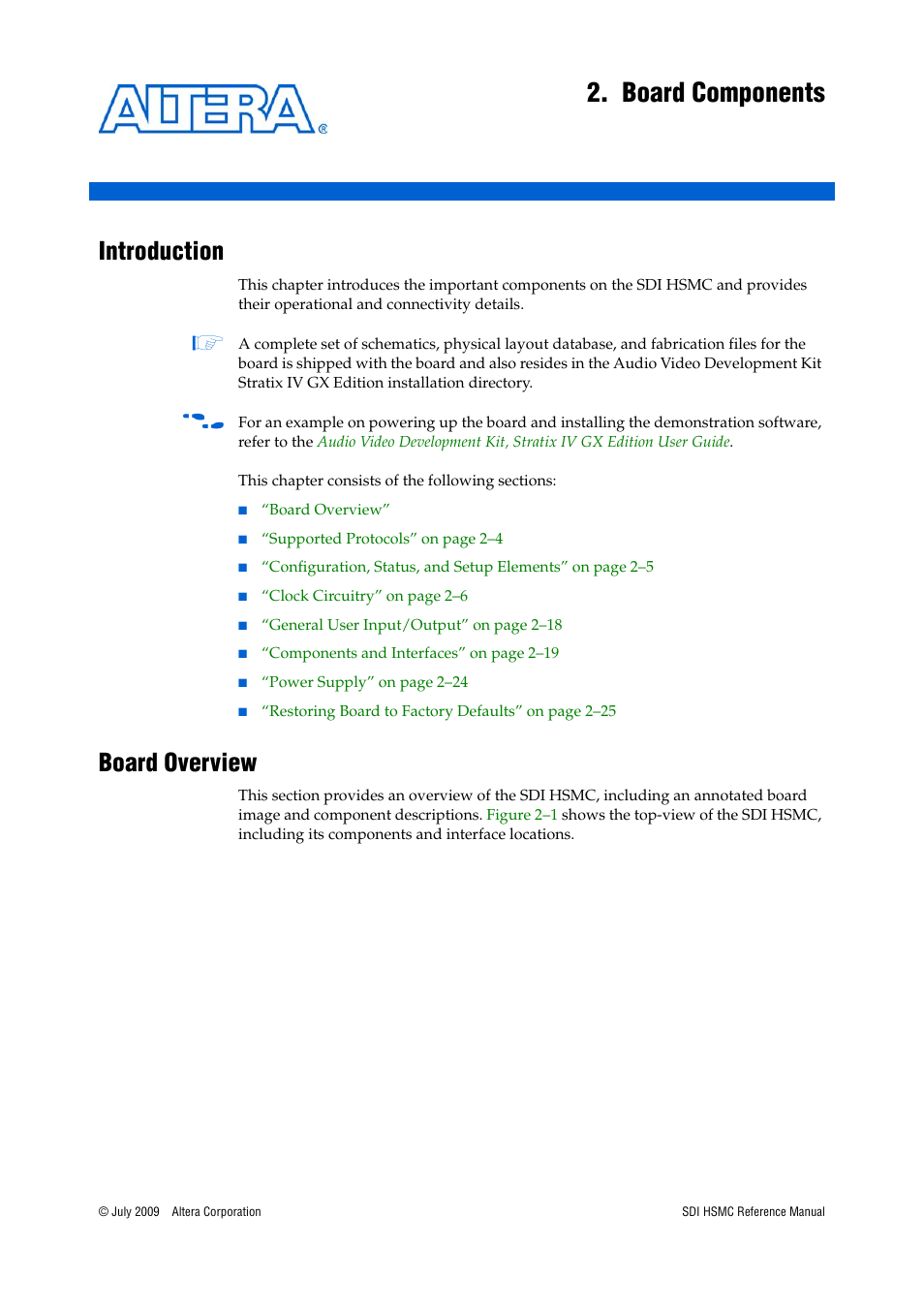 Board components, Introduction, Board overview | Chapter 2. board components, Introduction –1 board overview –1 | Altera SDI HSMC User Manual | Page 9 / 36