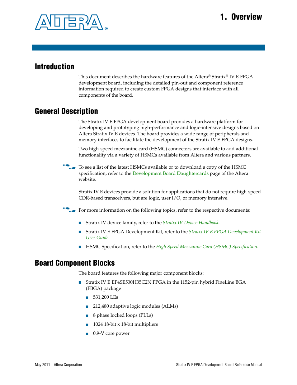 Overview, Introduction, General description | Board component blocks, Chapter 1. overview | Altera Stratix IV E FPGA Development Board User Manual | Page 5 / 72