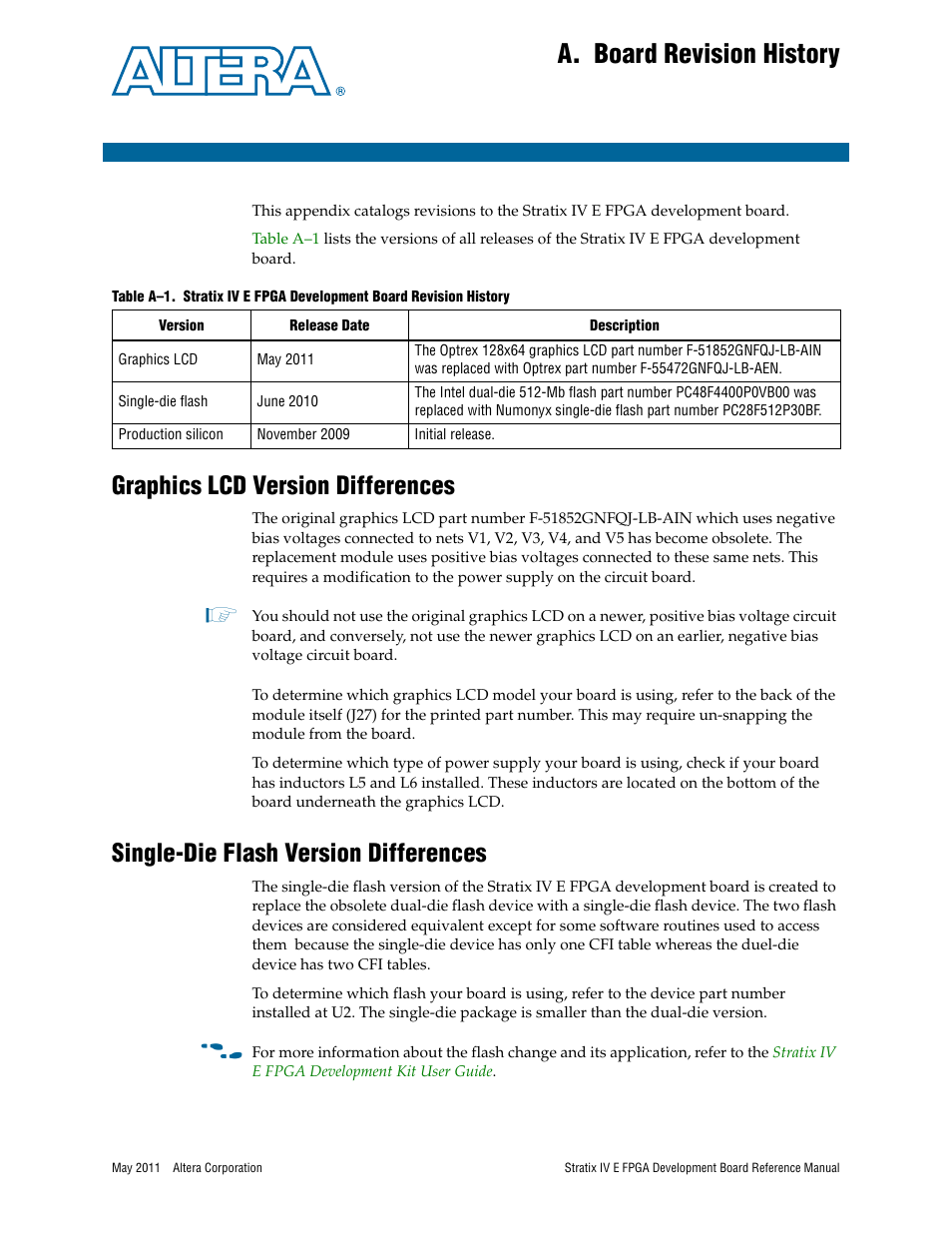 A. board revision history, Graphics lcd version differences, Single-die flash version differences | Appendix a. board revision history | Altera Stratix IV E FPGA Development Board User Manual | Page 69 / 72