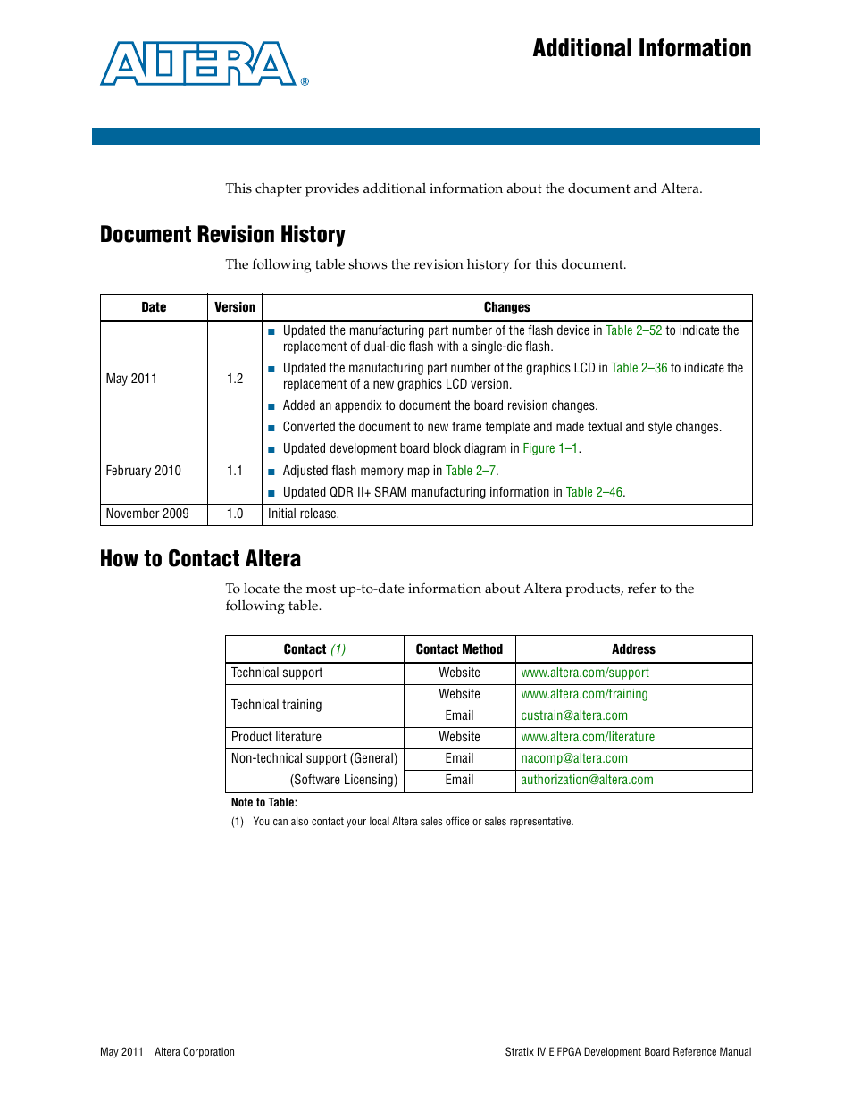 Additional information, Document revision history, How to contact altera | Altera Stratix IV E FPGA Development Board User Manual | Page 71 / 72