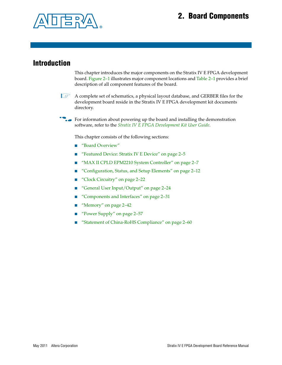 Board components, Introduction, Chapter 2. board components | Introduction –1 | Altera Stratix IV E FPGA Development Board User Manual | Page 9 / 72