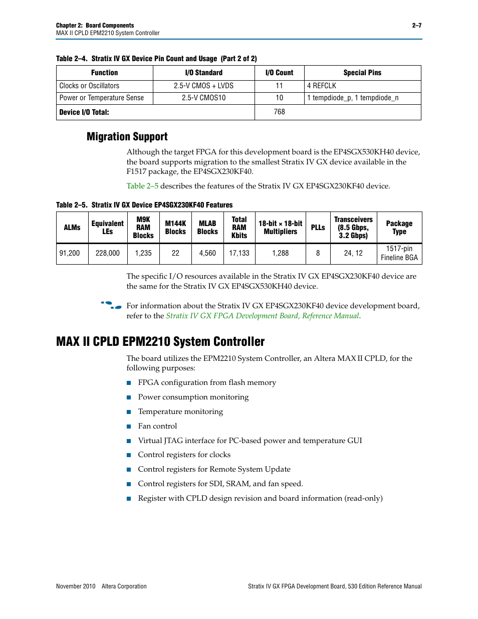 Migration support, Max ii cpld epm2210 system controller, Migration support –7 | Max ii cpld epm2210 system controller –7 | Altera Stratix IV GX FPGA Development Board User Manual | Page 15 / 78
