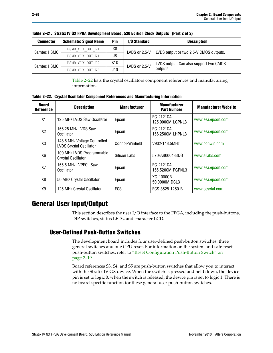 General user input/output, User-defined push-button switches, General user input/output –26 | User-defined push-button switches –26 | Altera Stratix IV GX FPGA Development Board User Manual | Page 34 / 78