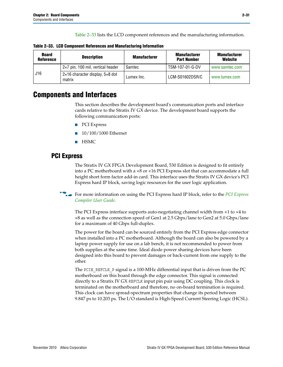 Components and interfaces, Pci express, Components and interfaces –31 | Pci express –31 | Altera Stratix IV GX FPGA Development Board User Manual | Page 39 / 78