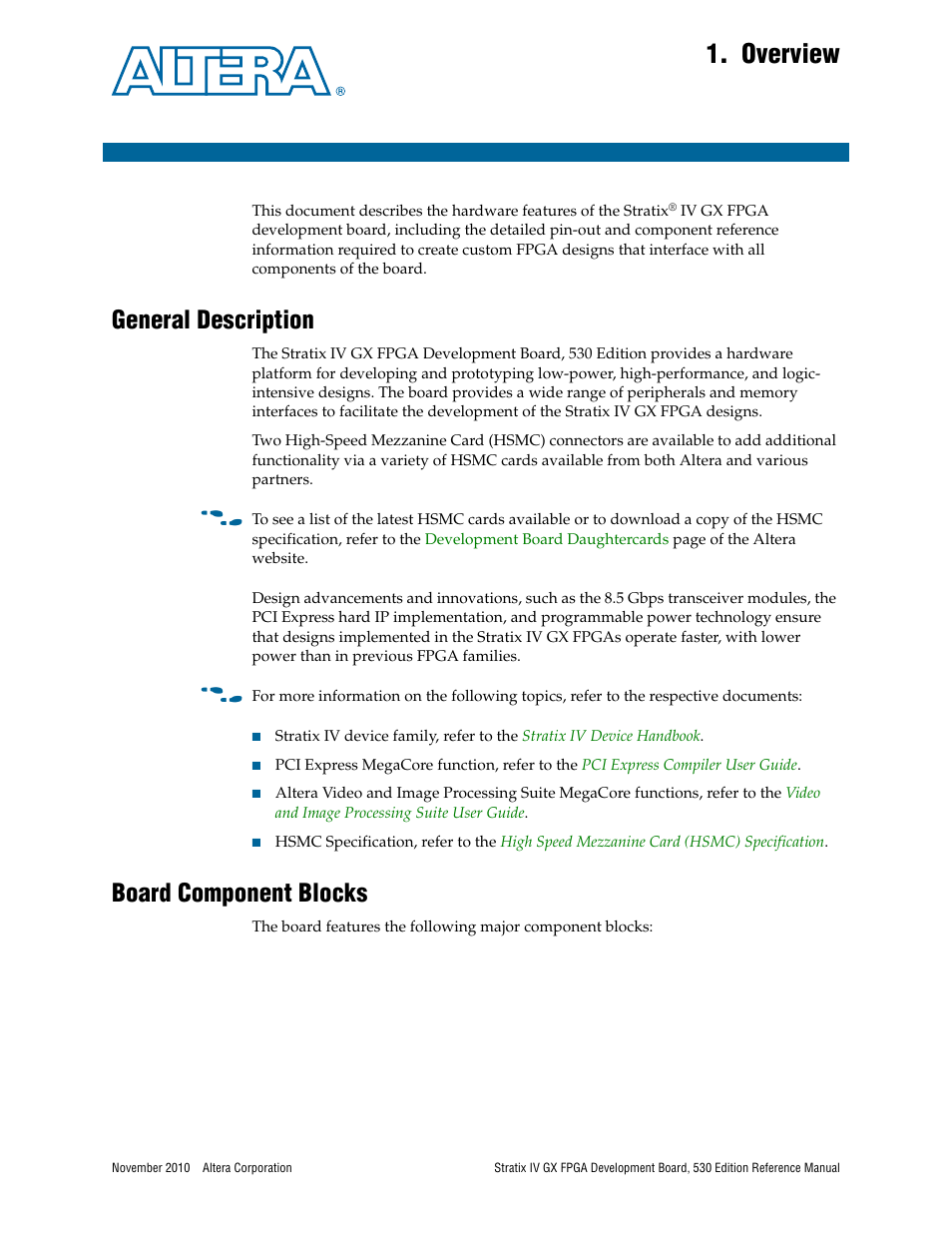 Overview, General description, Board component blocks | Chapter 1. overview, General description –1 board component blocks –1 | Altera Stratix IV GX FPGA Development Board User Manual | Page 5 / 78