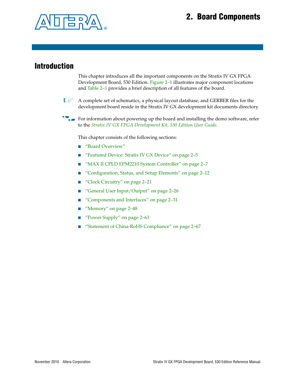 Board components, Introduction, Chapter 2. board components | Introduction –1 | Altera Stratix IV GX FPGA Development Board User Manual | Page 9 / 78