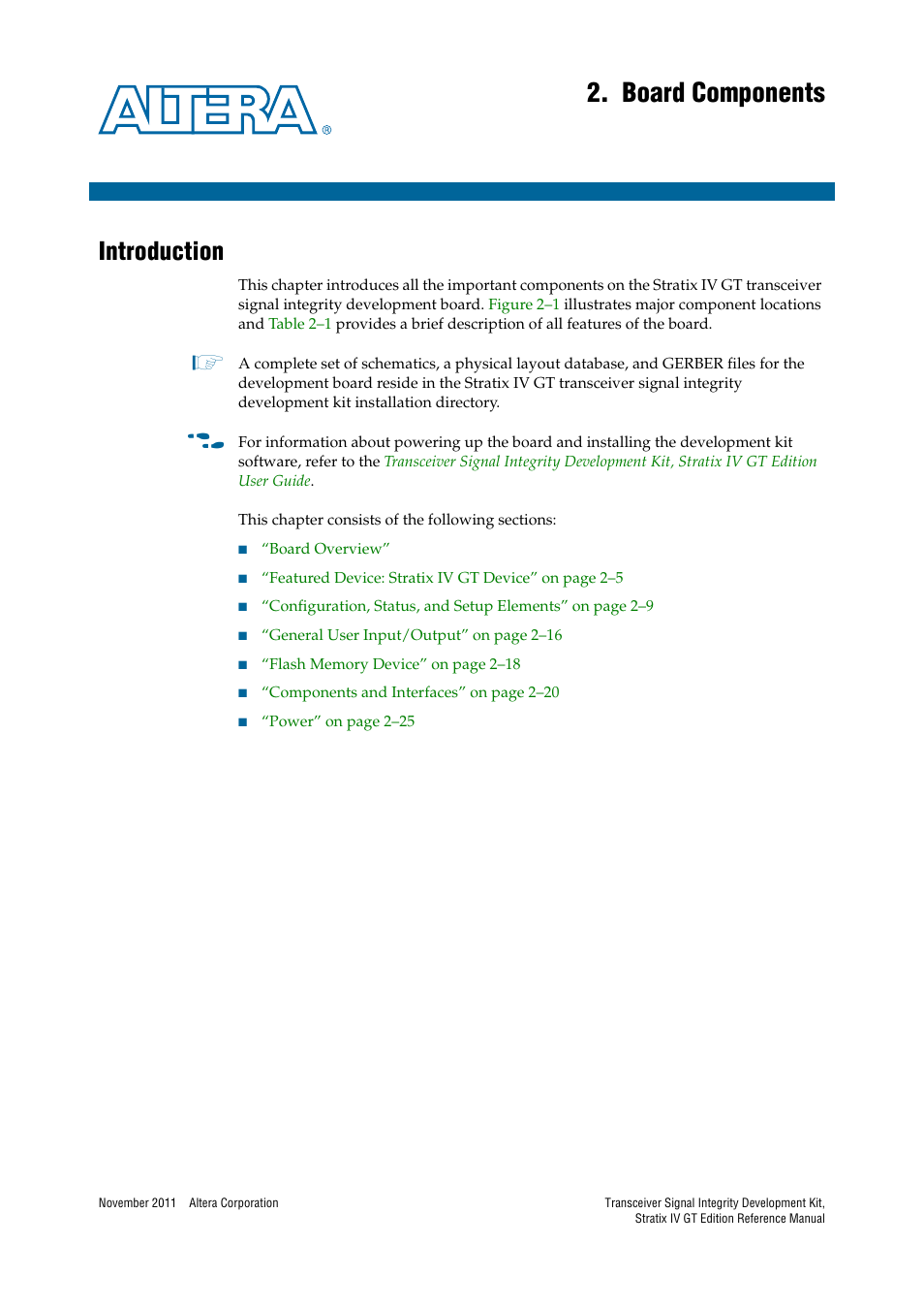 Board components, Introduction, Chapter 2. board components | Introduction –1 | Altera Transceiver Signal Integrity Development Kit, Stratix IV GT Edition User Manual | Page 11 / 42
