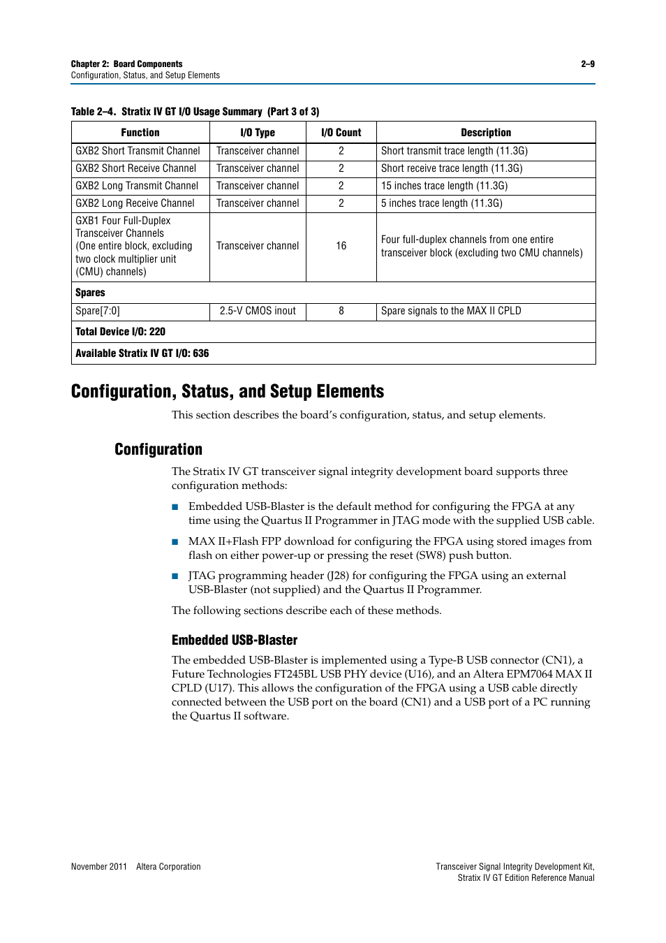 Configuration, status, and setup elements, Configuration, Embedded usb-blaster | Configuration, status, and setup elements –9, Configuration –9, Embedded usb-blaster –9 | Altera Transceiver Signal Integrity Development Kit, Stratix IV GT Edition User Manual | Page 19 / 42