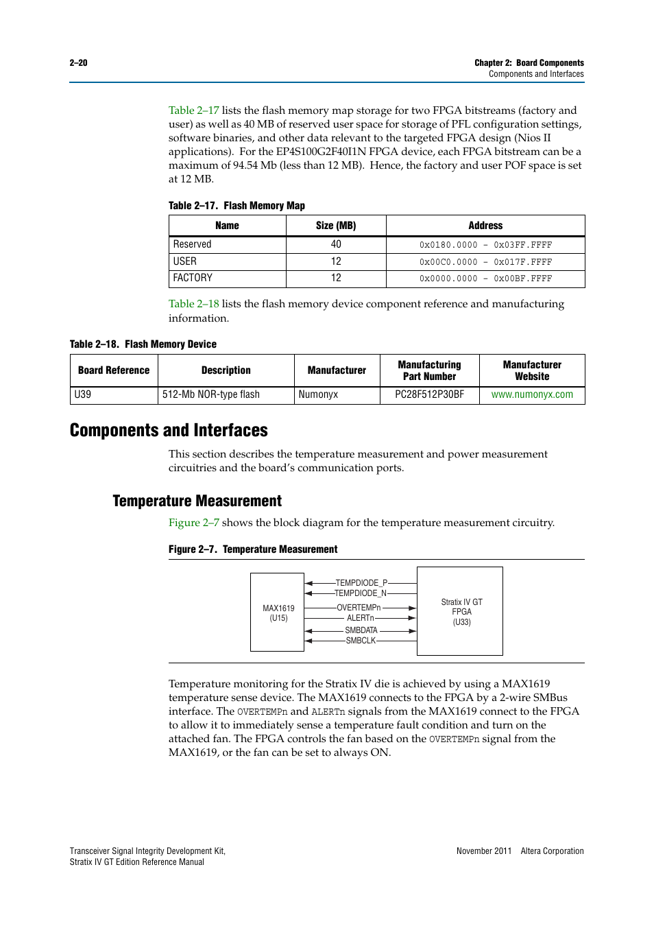 Components and interfaces, Temperature measurement, Components and interfaces –20 | Temperature measurement –20 | Altera Transceiver Signal Integrity Development Kit, Stratix IV GT Edition User Manual | Page 30 / 42