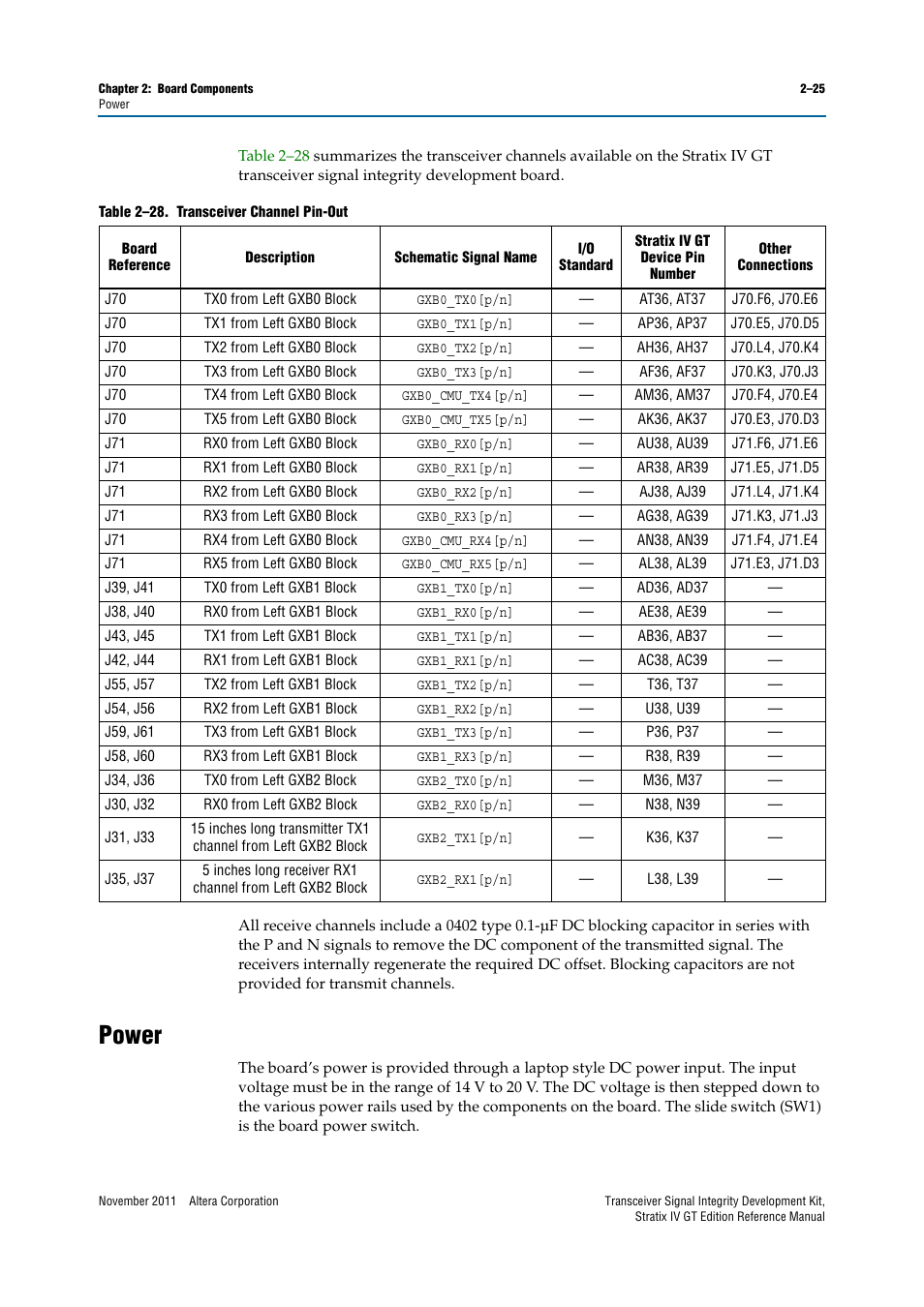 Power, Power –25 | Altera Transceiver Signal Integrity Development Kit, Stratix IV GT Edition User Manual | Page 35 / 42
