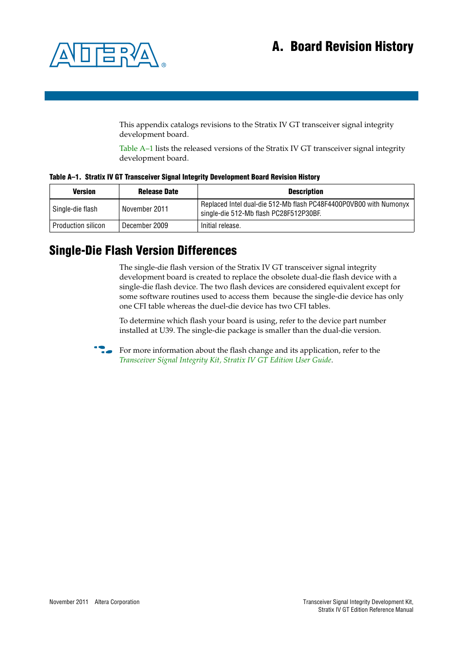 A. board revision history, Single-die flash version differences, Appendix a. board revision history | Altera Transceiver Signal Integrity Development Kit, Stratix IV GT Edition User Manual | Page 39 / 42