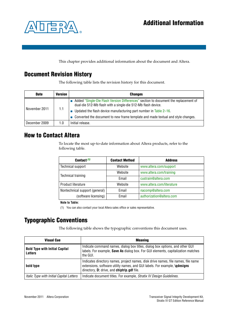 Additional information, Document revision history, How to contact altera | Typographic conventions | Altera Transceiver Signal Integrity Development Kit, Stratix IV GT Edition User Manual | Page 41 / 42