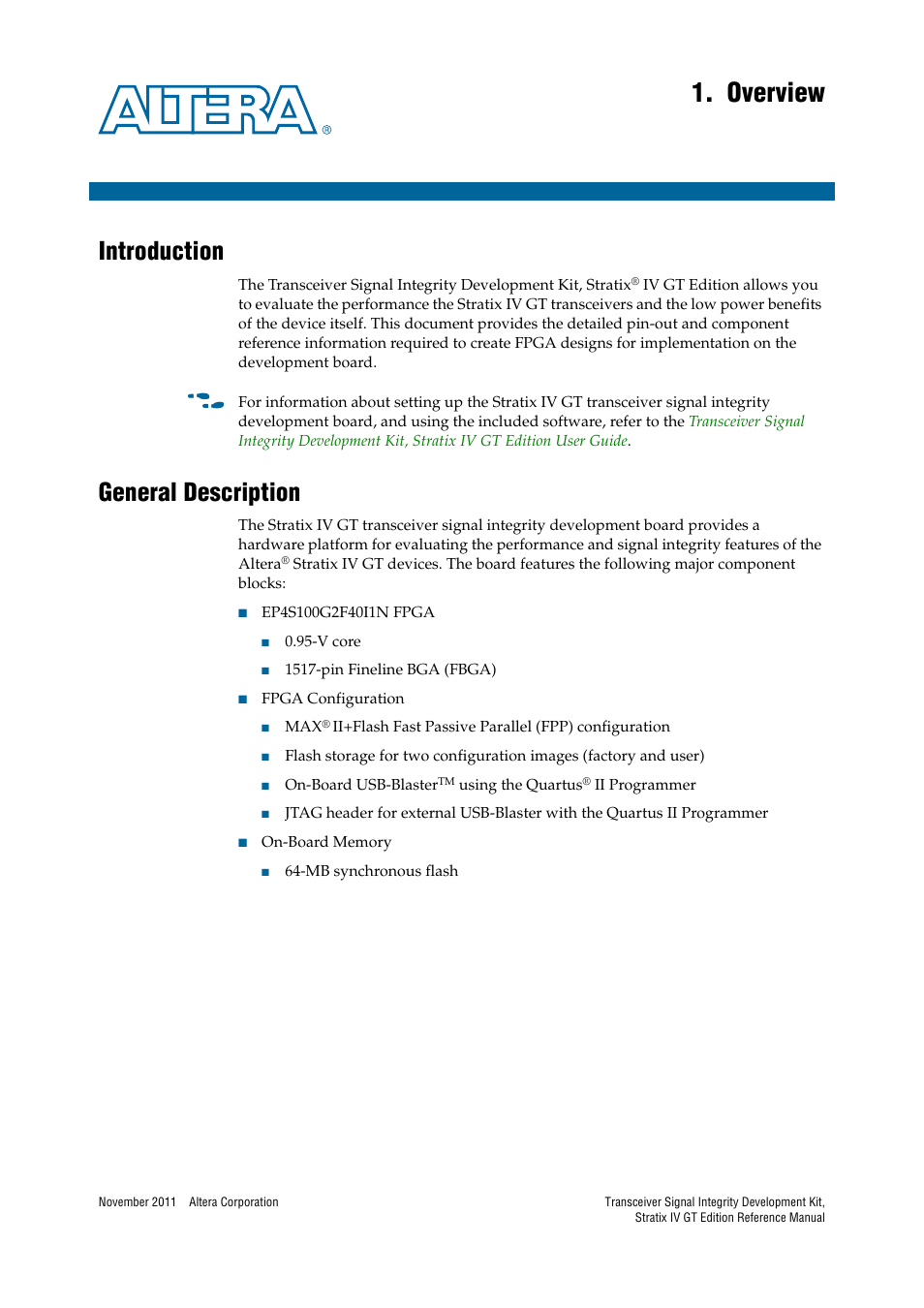 Overview, Introduction, General description | Chapter 1. overview, Introduction –1 general description –1 | Altera Transceiver Signal Integrity Development Kit, Stratix IV GT Edition User Manual | Page 5 / 42