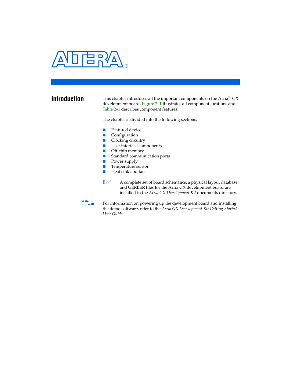 Board components, Introduction, Chapter 2. board components | Introduction -1 | Altera Arria GX Development Board User Manual | Page 11 / 42