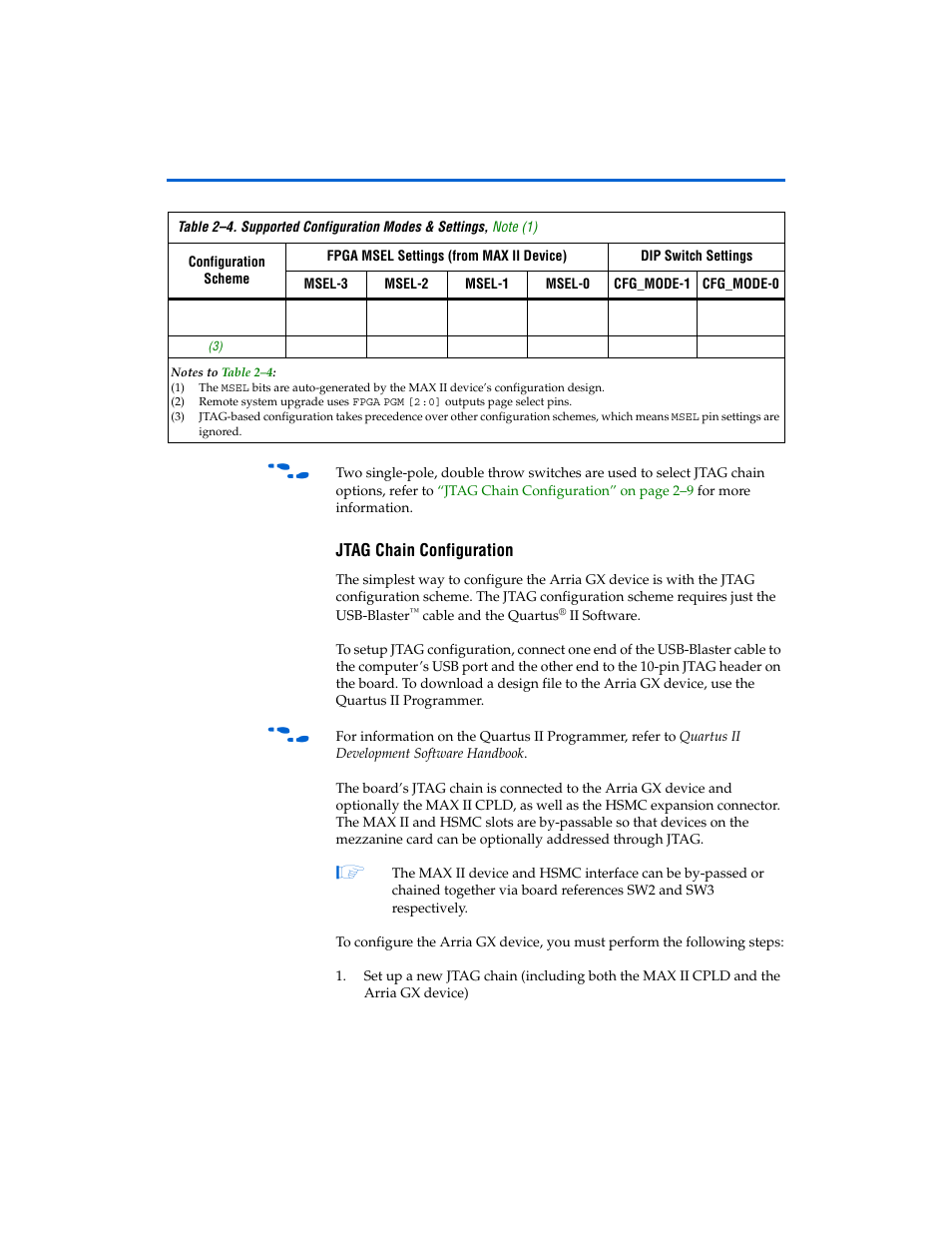 Jtag chain configuration, Jtag chain configuration -9 | Altera Arria GX Development Board User Manual | Page 19 / 42