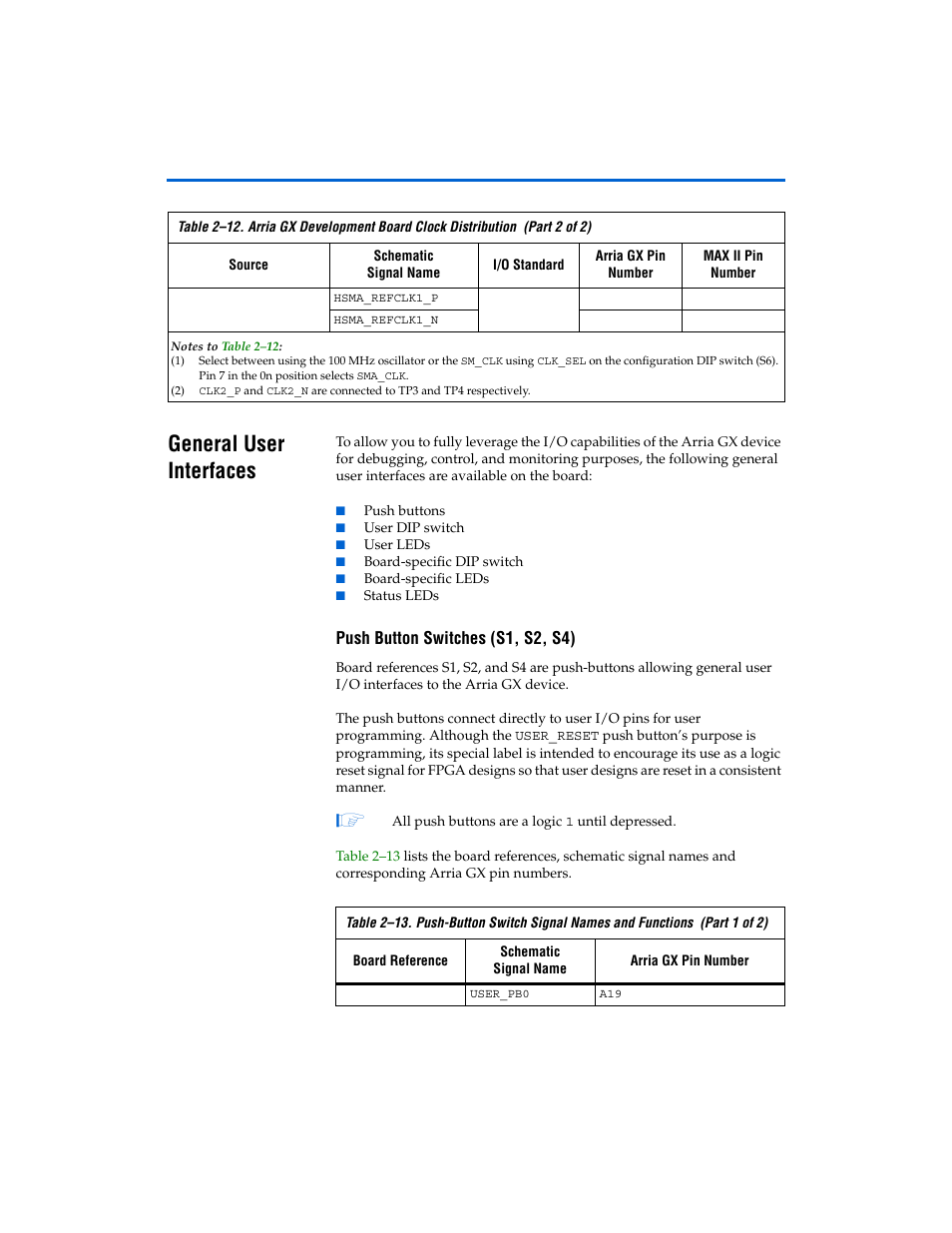 General user interfaces, Push button switches (s1, s2, s4), General user interfaces -17 | Push button switches (s1, s2, s4) -17 | Altera Arria GX Development Board User Manual | Page 27 / 42