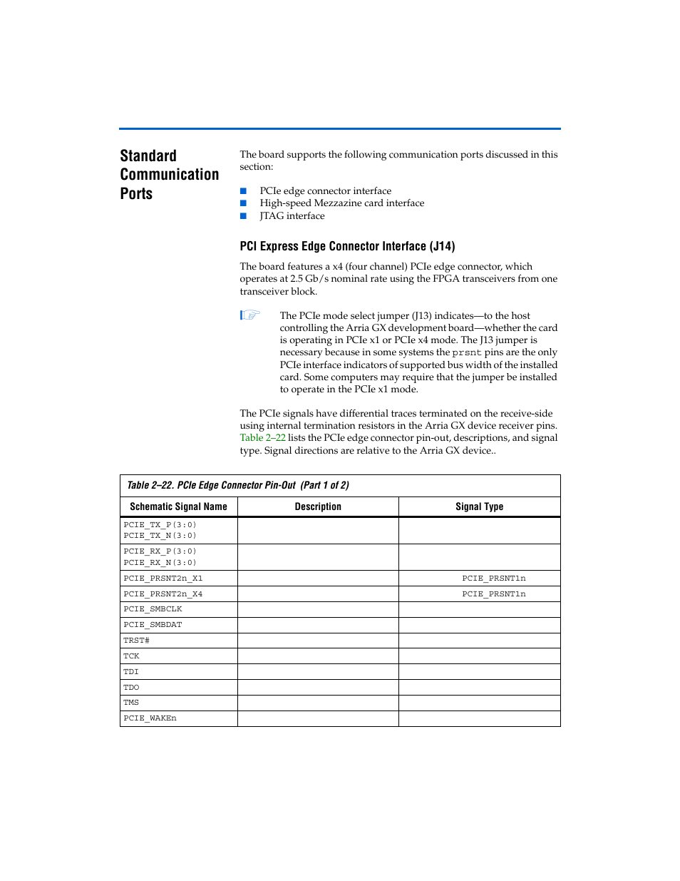 Standard communication ports, Pci express edge connector interface (j14), Standard communication ports -23 | Pci express edge connector interface (j14) -23 | Altera Arria GX Development Board User Manual | Page 33 / 42