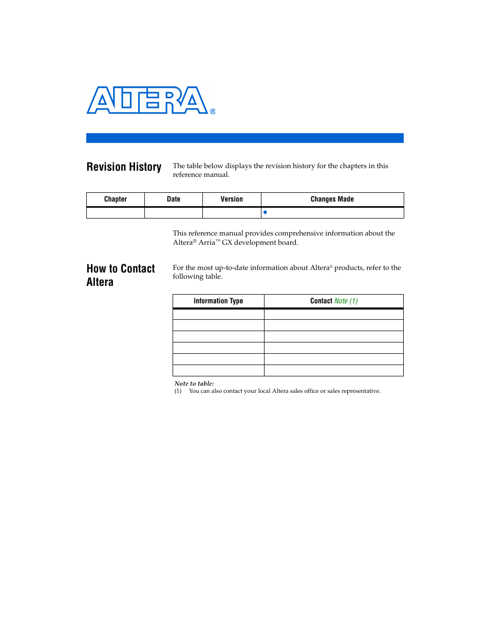 About this manual, Revision history, How to contact altera | Altera Arria GX Development Board User Manual | Page 5 / 42