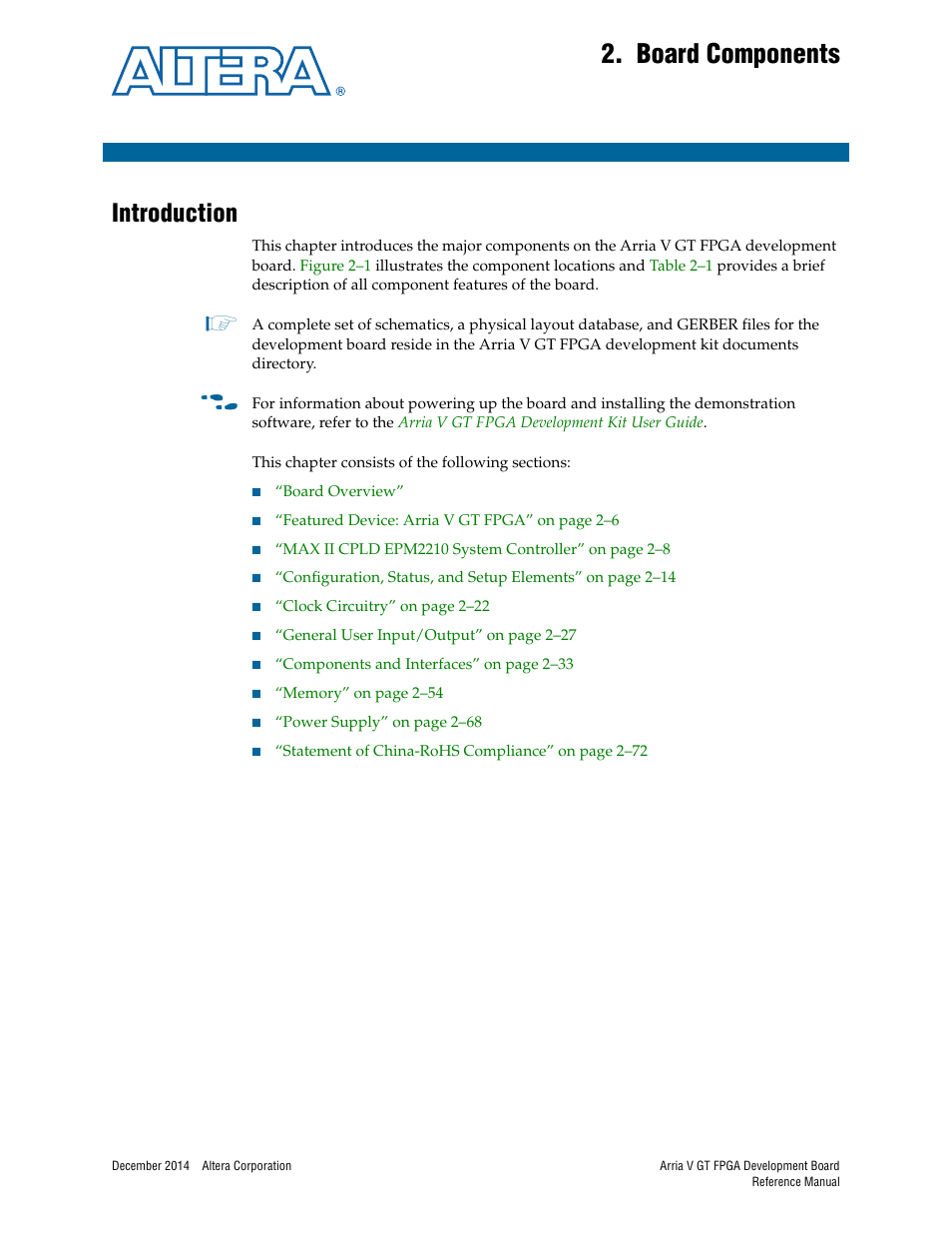 Board components, Introduction, Chapter 2. board components | Introduction –1 | Altera Arria V GT FPGA Development Board User Manual | Page 11 / 86