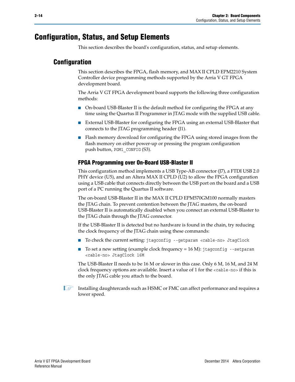 Configuration, status, and setup elements, Configuration, Fpga programming over on-board usb-blaster ii | Configuration, status, and setup elements –14, Configuration –14, Fpga programming over on-board usb-blaster ii –14 | Altera Arria V GT FPGA Development Board User Manual | Page 24 / 86
