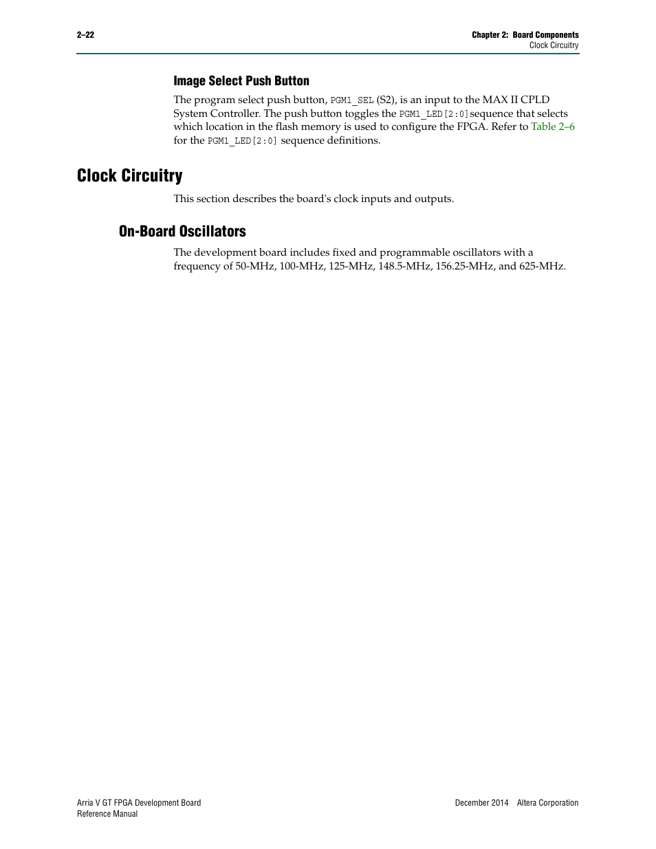 Image select push button, Clock circuitry, On-board oscillators | Image select push button –22, Clock circuitry –22, On-board oscillators –22 | Altera Arria V GT FPGA Development Board User Manual | Page 32 / 86