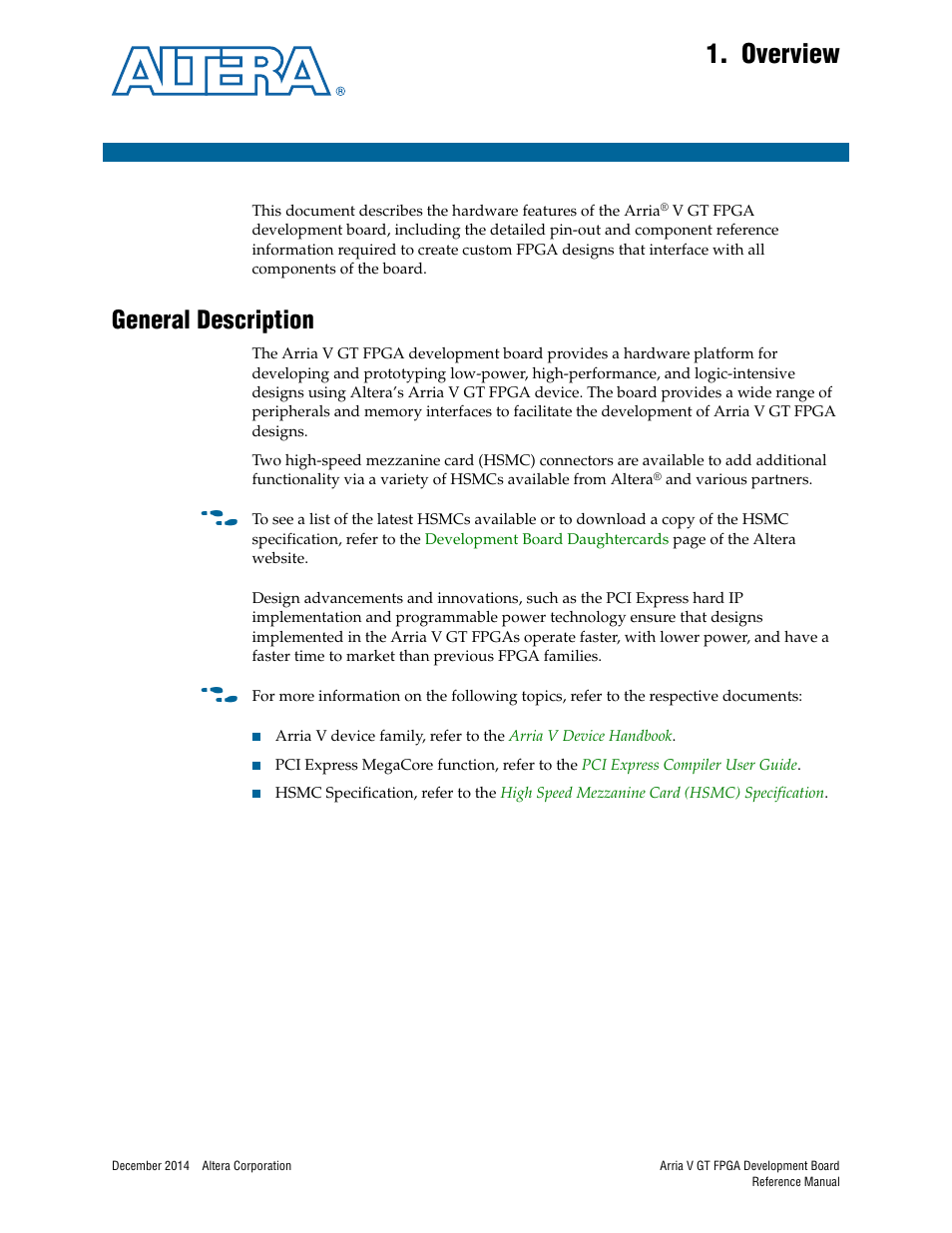 Overview, General description, Chapter 1. overview | General description –1 | Altera Arria V GT FPGA Development Board User Manual | Page 5 / 86