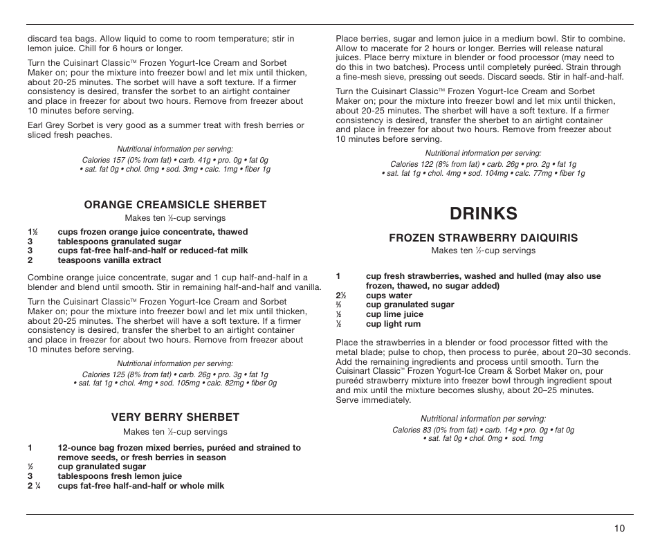 Drinks, Orange creamsicle sherbet, Very berry sherbet | Frozen strawberry daiquiris | Cuisinart ICE-25BC User Manual | Page 11 / 12