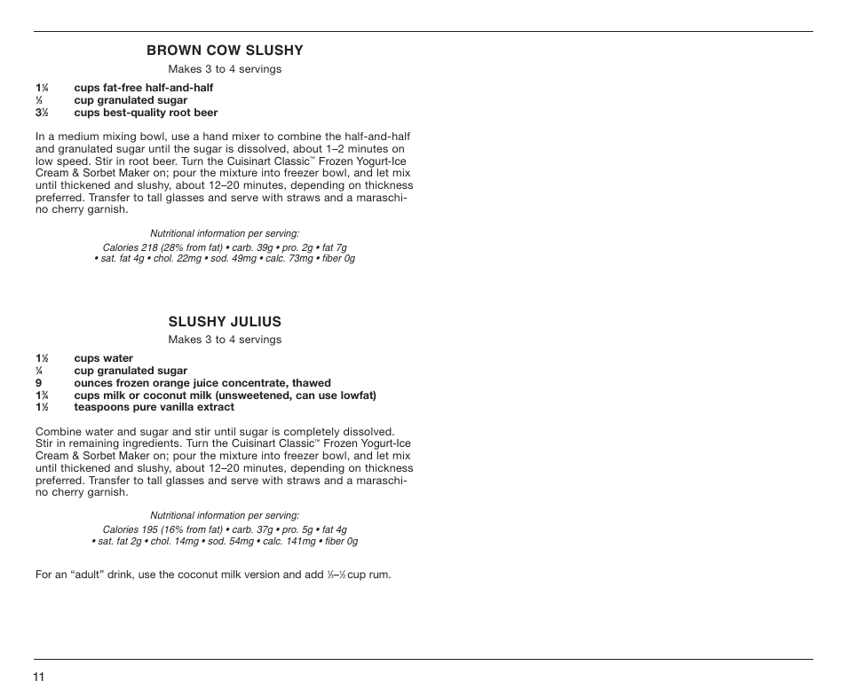 Brown cow slushy, Slushy julius | Cuisinart ICE-25BC User Manual | Page 12 / 12