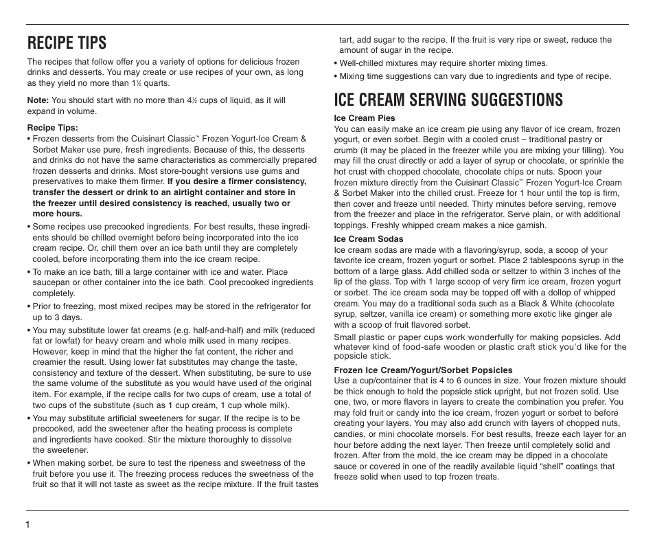 Recipe tips, Ice cream serving suggestions | Cuisinart ICE-25BC User Manual | Page 2 / 12