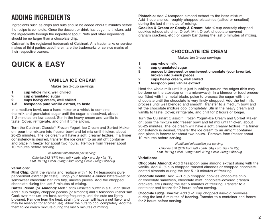 Adding ingredients, Quick & easy, Vanilla ice cream | Chocolate ice cream | Cuisinart ICE-25BC User Manual | Page 3 / 12