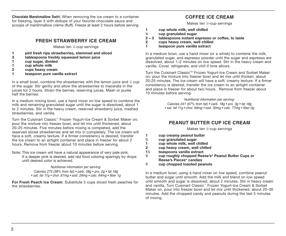 Fresh strawberry ice cream, Coffee ice cream, Peanut butter cup ice cream | Cuisinart ICE-25BC User Manual | Page 4 / 12