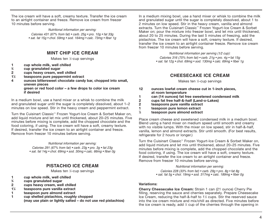 Mint chip ice cream, Pistachio ice cream, Cheesecake ice cream | Cuisinart ICE-25BC User Manual | Page 5 / 12