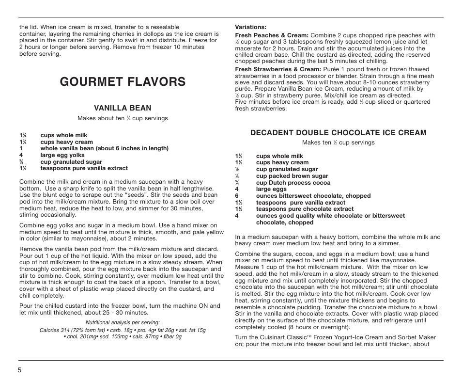 Gourmet flavors, Vanilla bean, Decadent double chocolate ice cream | Cuisinart ICE-25BC User Manual | Page 6 / 12