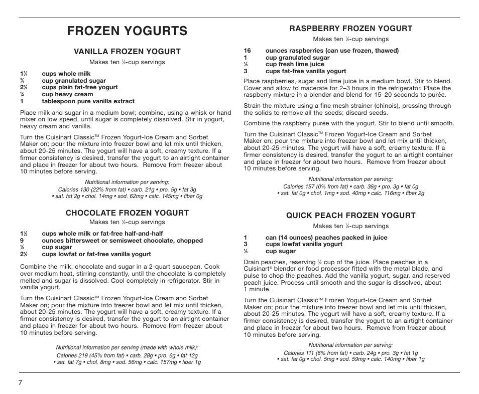 Frozen yogurts, Vanilla frozen yogurt, Chocolate frozen yogurt | Raspberry frozen yogurt, Quick peach frozen yogurt | Cuisinart ICE-25BC User Manual | Page 8 / 12