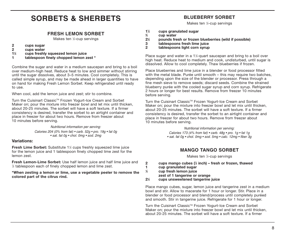 Sorbets & sherbets, Fresh lemon sorbet, Blueberry sorbet | Mango tango sorbet | Cuisinart ICE-25BC User Manual | Page 9 / 12