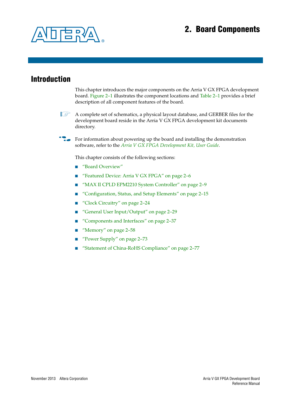 Board components, Introduction, Chapter 2. board components | Introduction –1 | Altera Arria V GX FPGA Development Board User Manual | Page 11 / 90