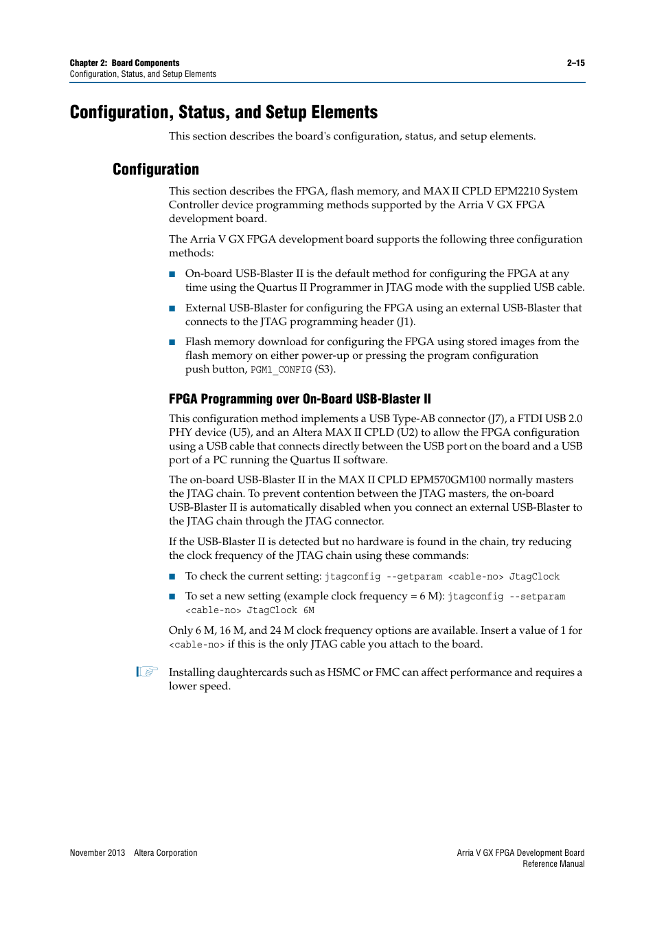 Configuration, status, and setup elements, Configuration, Fpga programming over on-board usb-blaster ii | Configuration, status, and setup elements –15, Configuration –15, Fpga programming over on-board usb-blaster ii –15 | Altera Arria V GX FPGA Development Board User Manual | Page 25 / 90