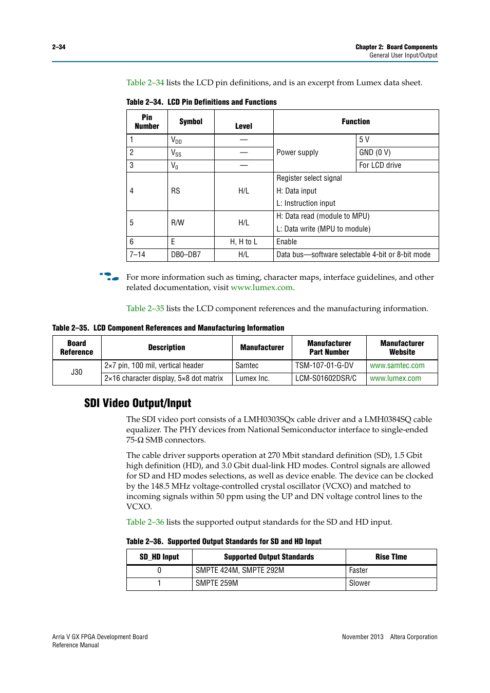 Sdi video output/input, Sdi video output/input –34 | Altera Arria V GX FPGA Development Board User Manual | Page 44 / 90