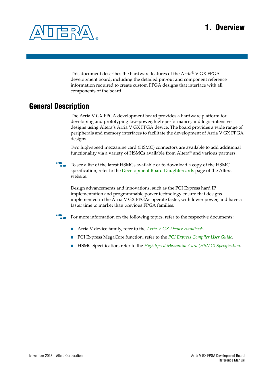 Overview, General description, Chapter 1. overview | General description –1 | Altera Arria V GX FPGA Development Board User Manual | Page 5 / 90