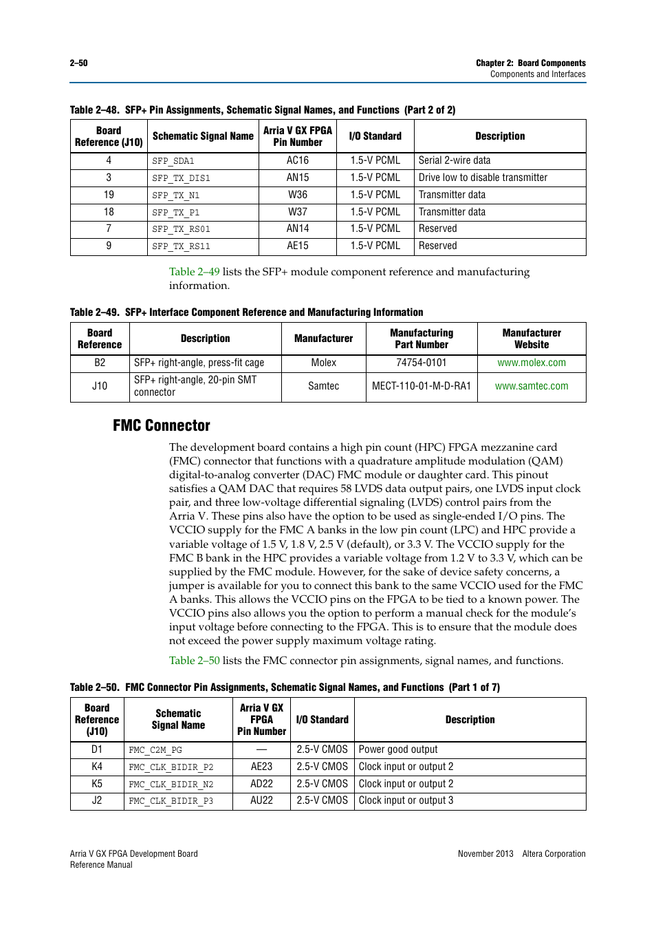 Fmc connector, Fmc connector –50 | Altera Arria V GX FPGA Development Board User Manual | Page 60 / 90
