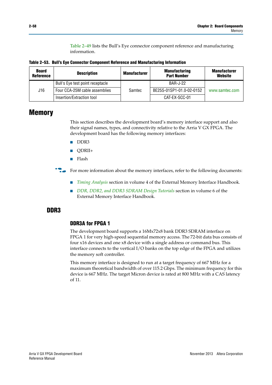 Memory, Ddr3, Ddr3a for fpga 1 | Memory –58, Ddr3 –58, Ddr3a for fpga 1 –58 | Altera Arria V GX FPGA Development Board User Manual | Page 68 / 90