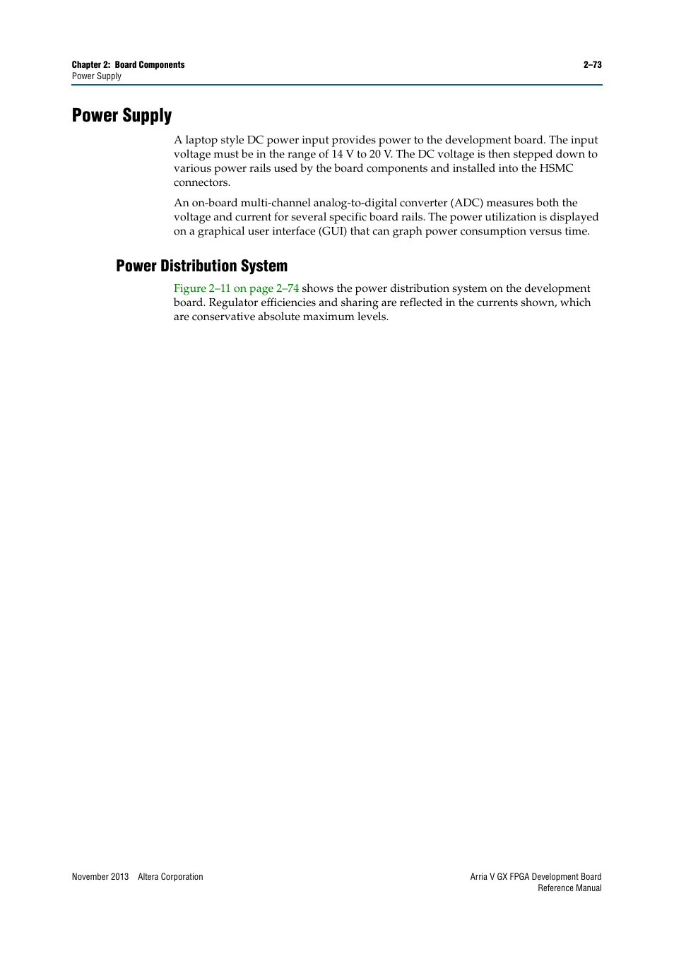 Power supply, Power distribution system, Power supply –73 | Power distribution system –73 | Altera Arria V GX FPGA Development Board User Manual | Page 83 / 90