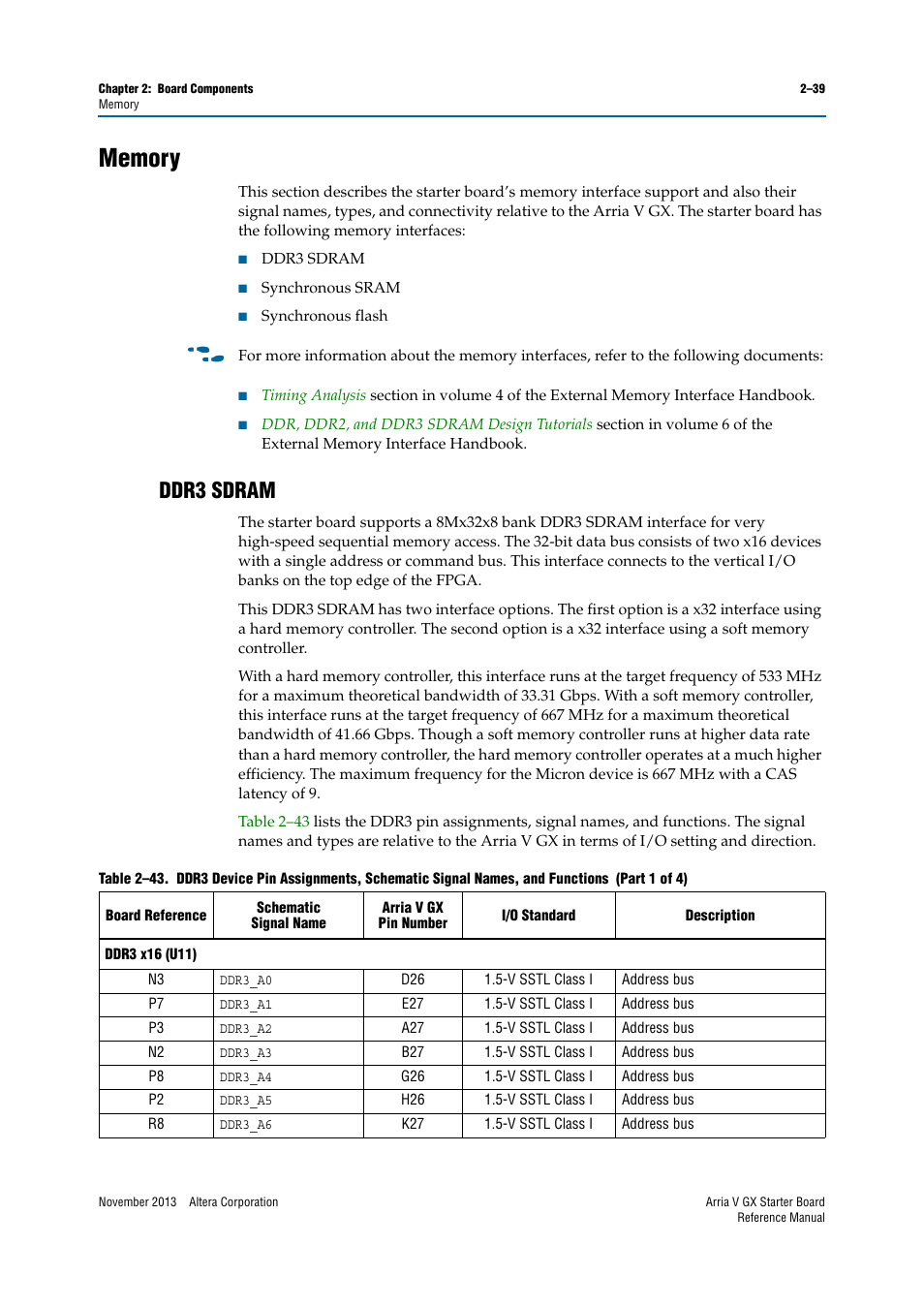 Memory, Ddr3 sdram, Memory –39 | Ddr3 sdram –39 | Altera Arria V GX Starter Board User Manual | Page 47 / 62