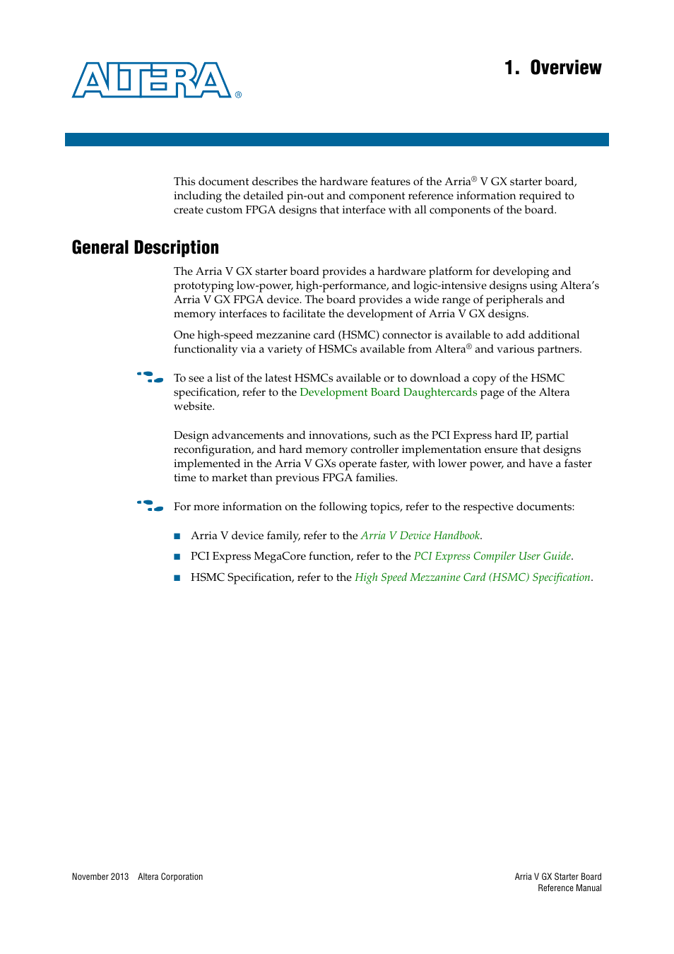 Overview, General description, Chapter 1. overview | General description –1 | Altera Arria V GX Starter Board User Manual | Page 5 / 62