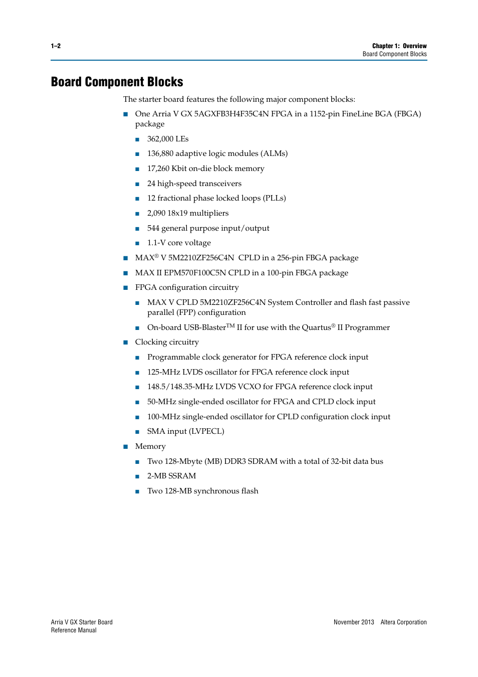 Board component blocks, Board component blocks –2 | Altera Arria V GX Starter Board User Manual | Page 6 / 62