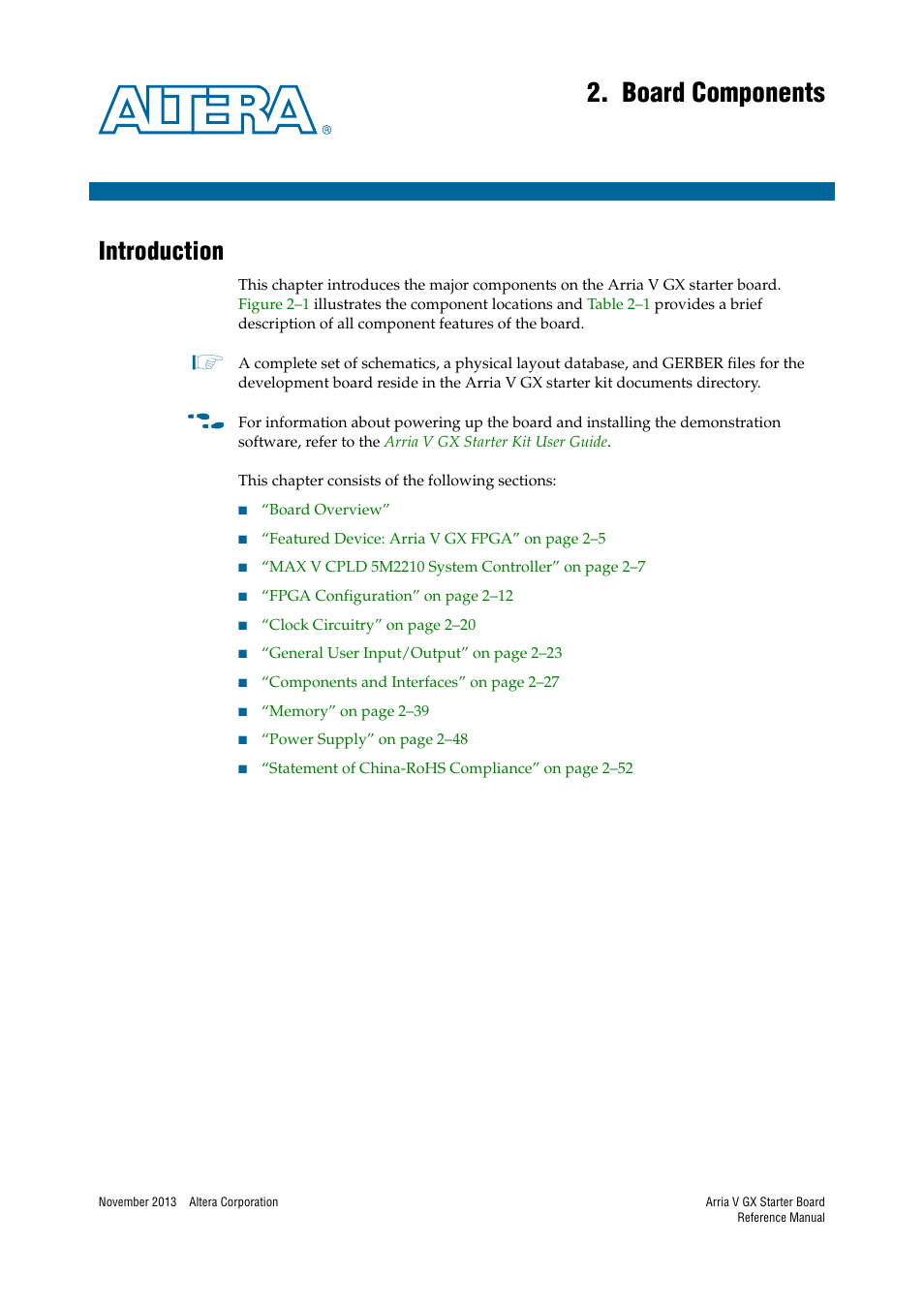 Board components, Introduction, Chapter 2. board components | Introduction –1 | Altera Arria V GX Starter Board User Manual | Page 9 / 62